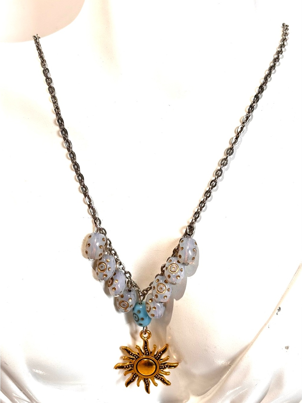 Handmade Sunburst gold Pendant acrylic baby blue/gold beads Necklace/earrings